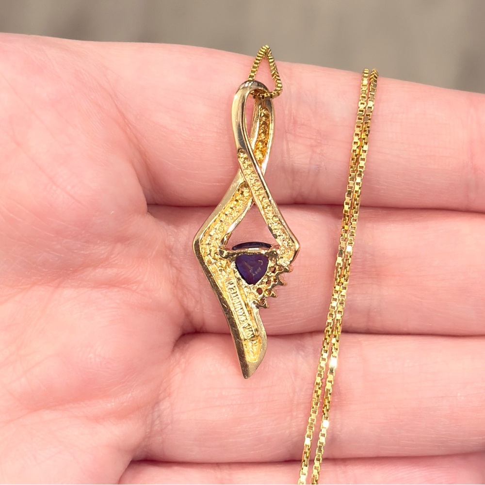 10K Sapphire Diamond Pendant, Yellow Gold, Deep Blue Trillion, Filigree Luxury - Picture 12 of 15